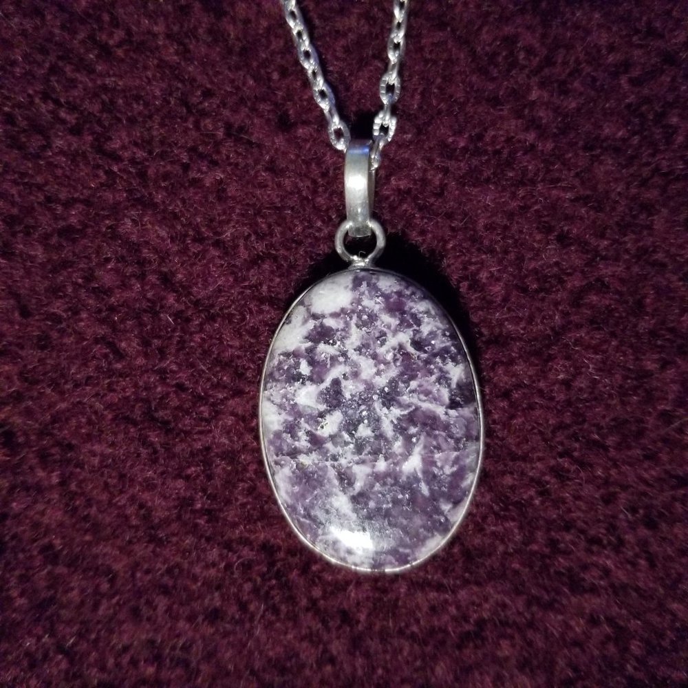 Lepidolite gemstone oval pendant, silver plate on a chain, artisan made, new